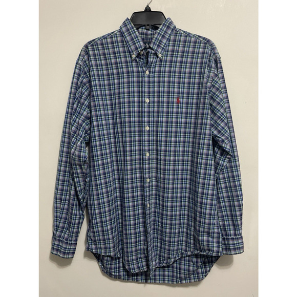 Ralph Lauren Button Down Shirt Mens M-15 1/2 Blue Plaid Long Sleeve Classic Fit - Picture 1 of 11